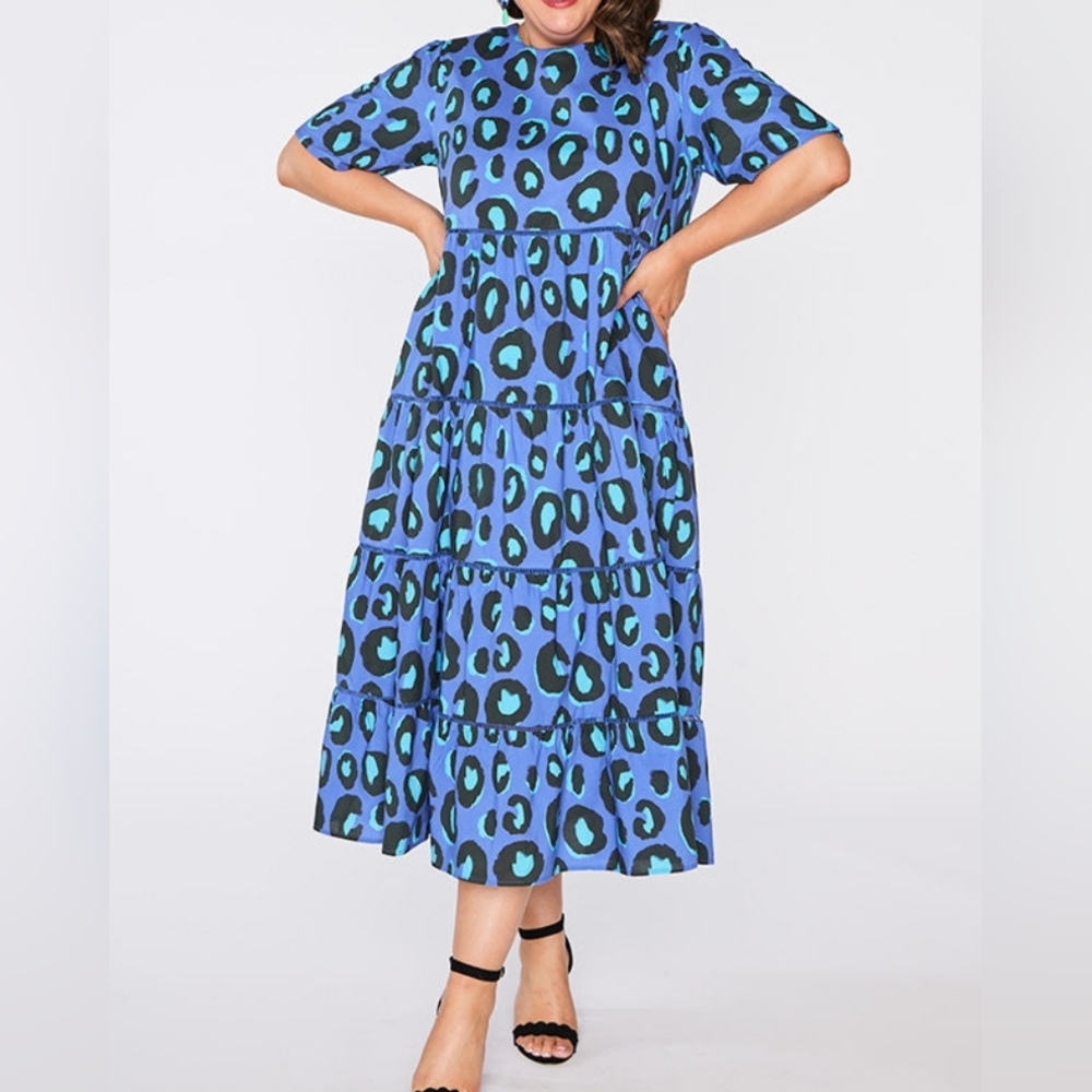 Blue and Black Leopard Patterned Midi Dress